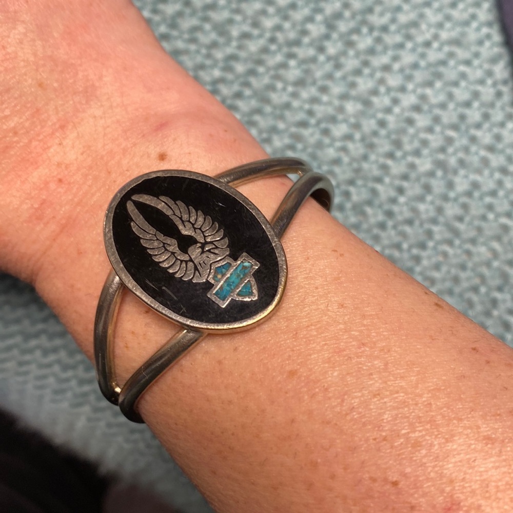 Host Pick Sterling Silver w Turquoise & Onyx Inlay Harley Davidson Cuff Bracelet
